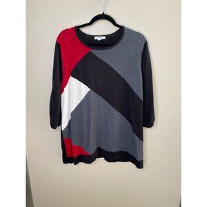 Dressbarn Womens Colorblock 3/4 Sleeve Top Size 14/16 Red Black Pullover Cotton